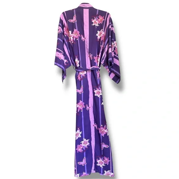 ichiban Purple Striped Cotton Open Front Vintage Belted Robe Butterfly Kimono